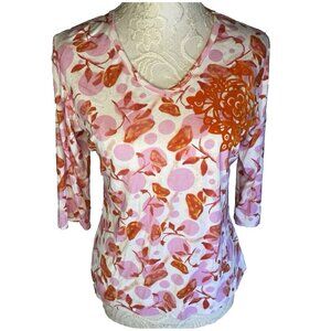 Oilily Pink Red Flocked Floral Polks Dot Y2K Womens Size L 3/4 Sleeve Shirt Top